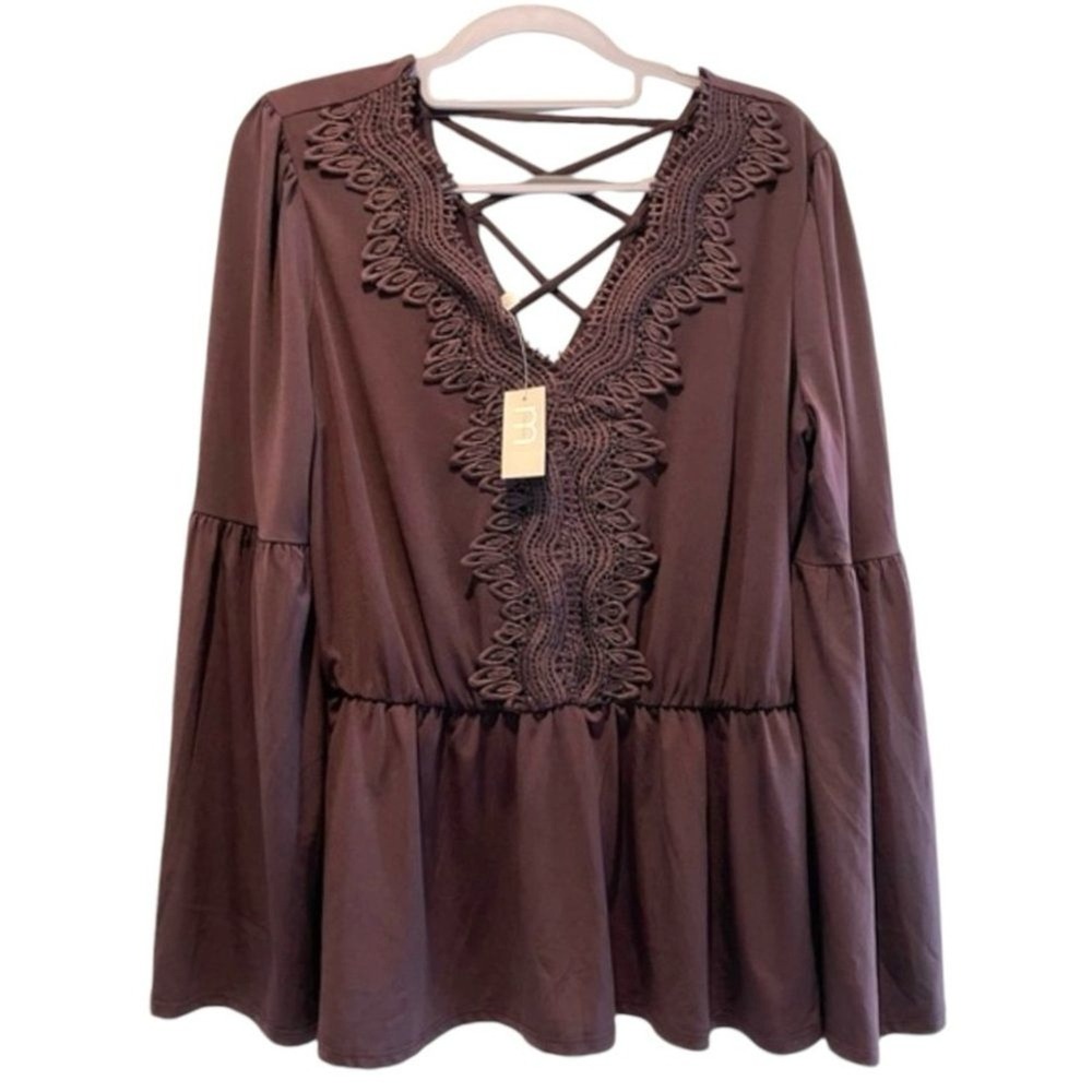 Maurices Peplum Blouse Brown NWT Bohemian Crochet Lace Bell Sleeve Women Medium